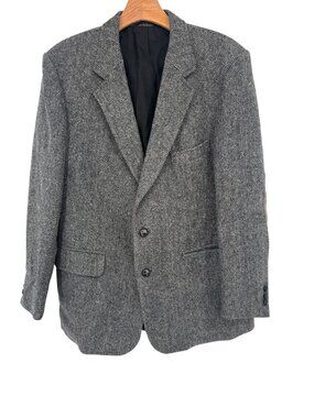 Woodmere Mens Grey Herringbone Wool Blazer  Suede Elbow Patches Size 42s